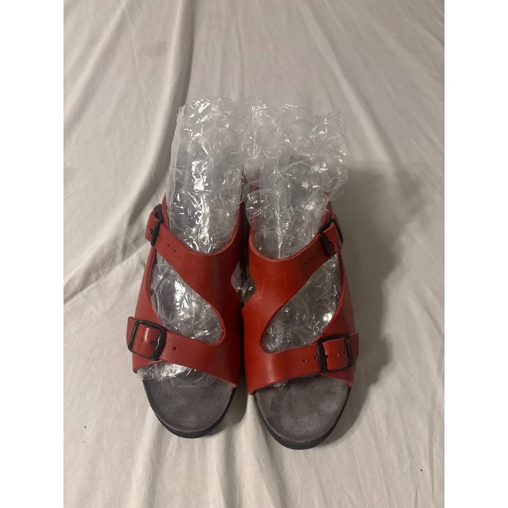 Mephisto Wedge Sandals Womens 38 Red Leather Buckle Slide Excellent Comfort